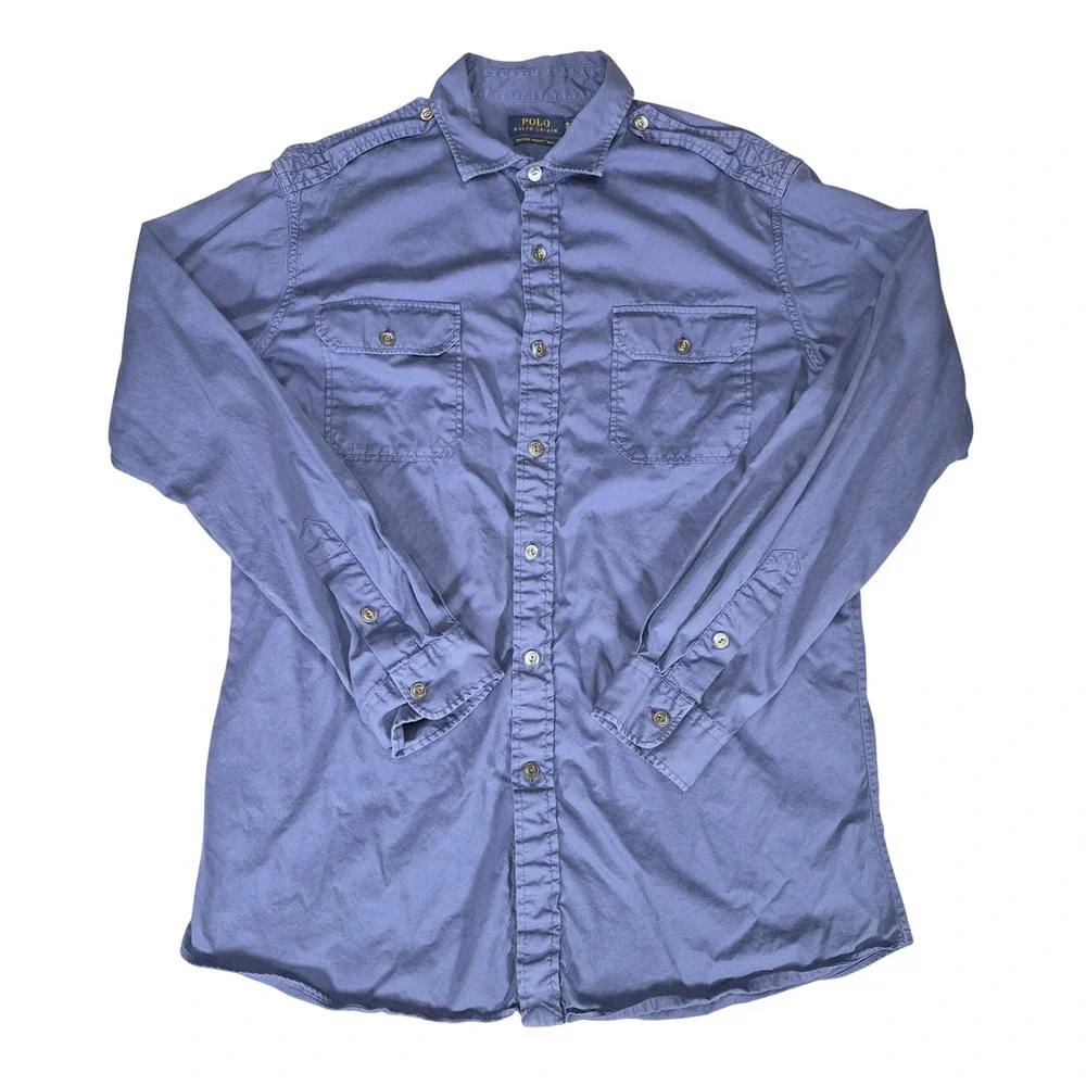 Polo Ralph Lauren  XL Blue Feather Weight Twill Military Epaulet Shirt Vintage